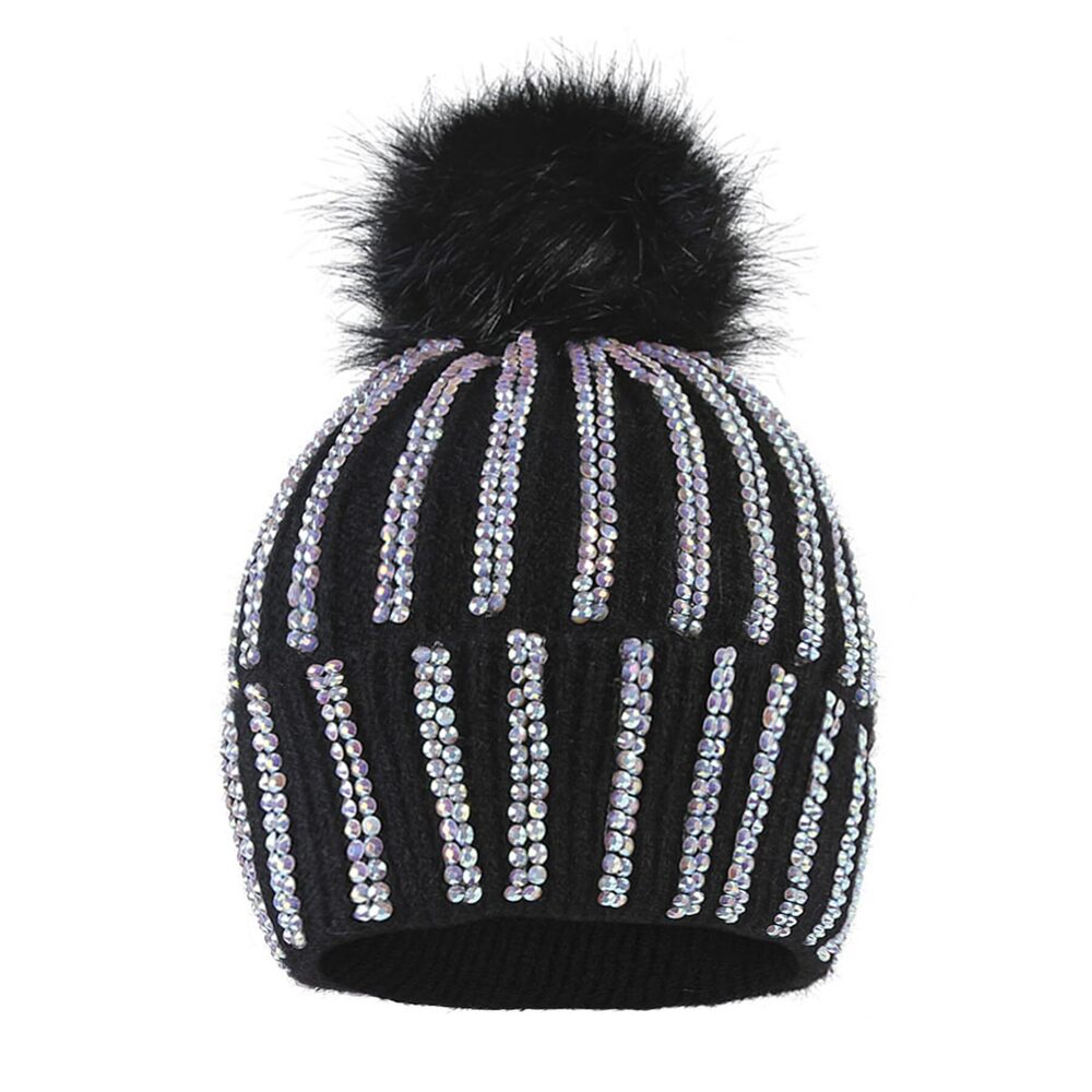 9353 Girls Winter Sequin Beanie Hat with Faux Fur Pom Pom Knit Skull Cap